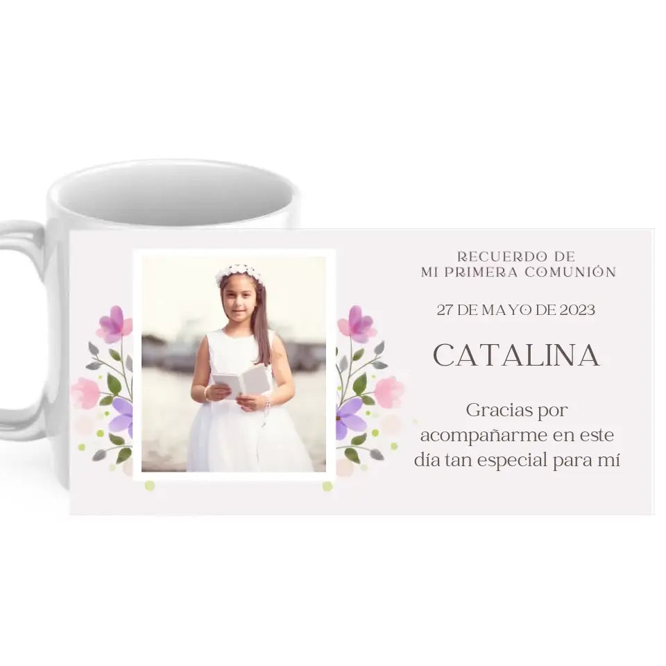 Taza comunión rosa floral con foto y dedicatoria