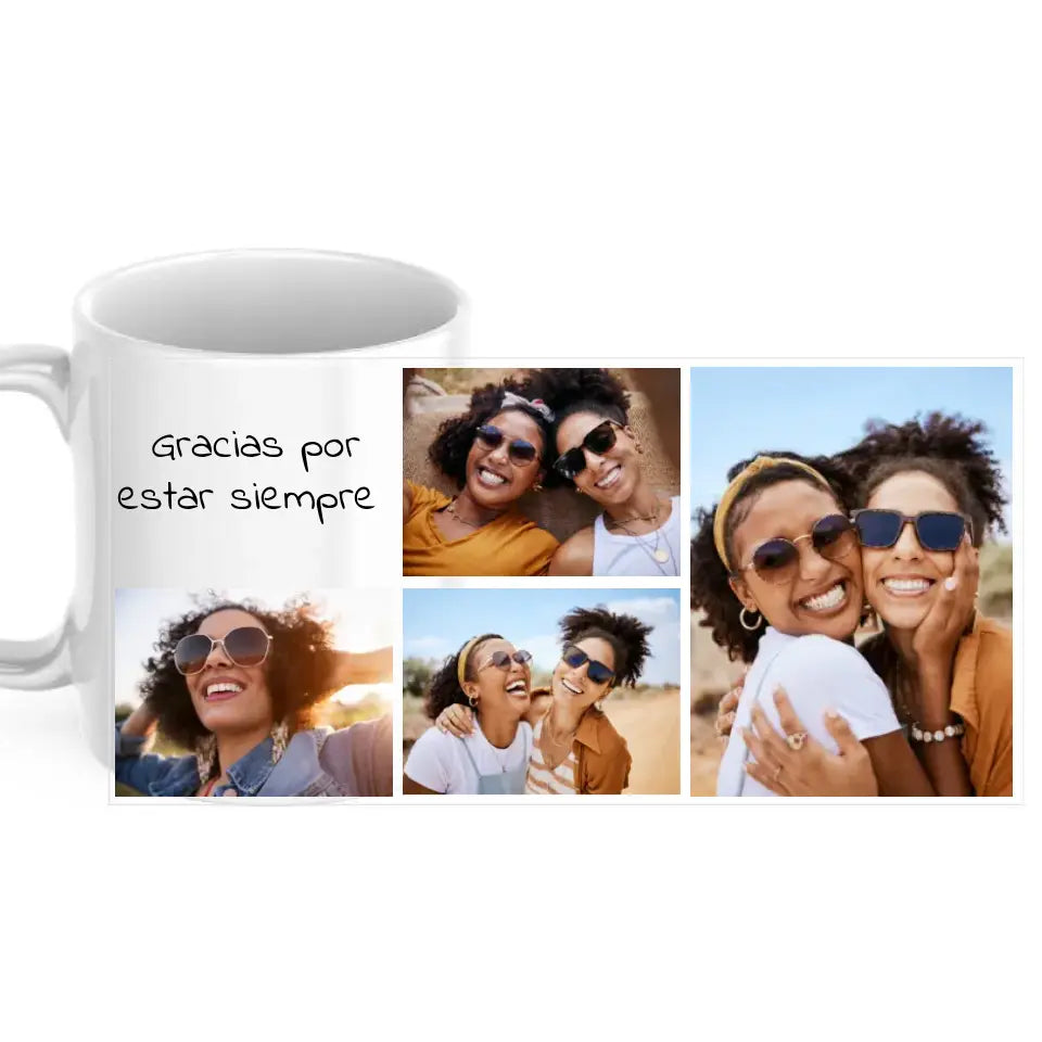 Taza collage con frase y 4 fotos