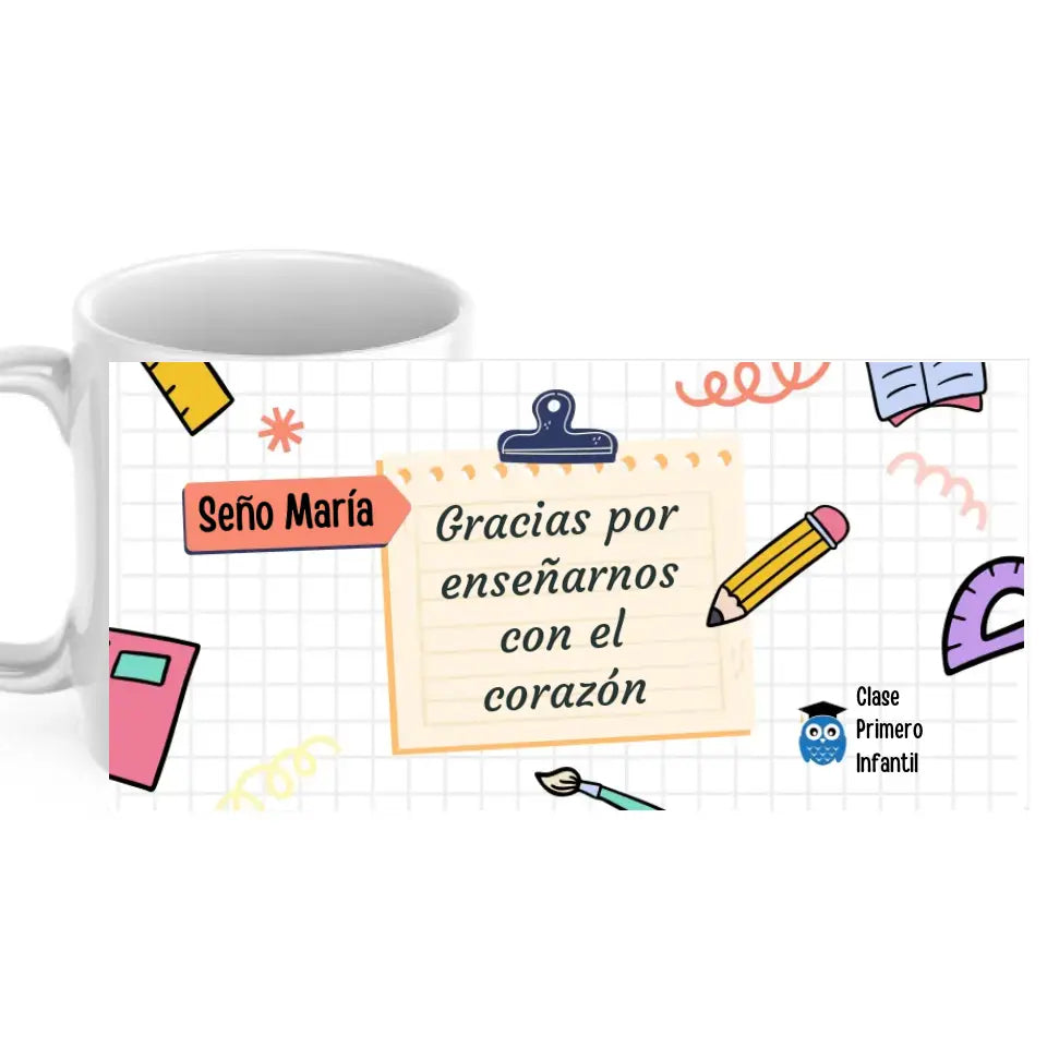 Taza profesor/a con nombre, dedicatoria y clase