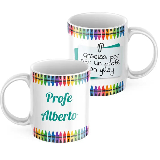 Taza profesor/a colores con nombre y dedicatoria