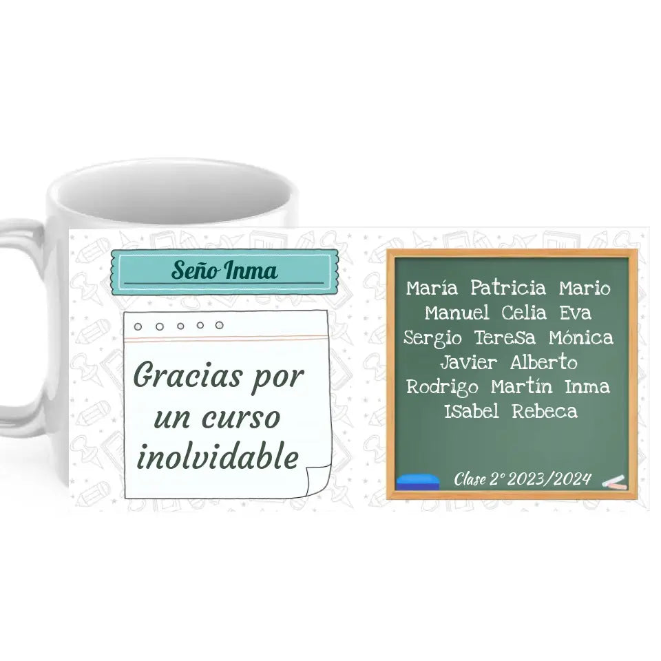 Taza profesor/a pizarra con nombre, dedicatoria y nombres alumnos