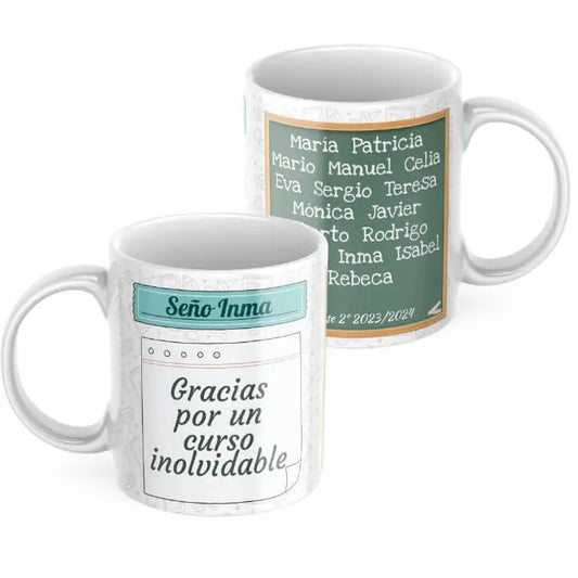 Taza profesor/a pizarra con nombre, dedicatoria y nombres alumnos