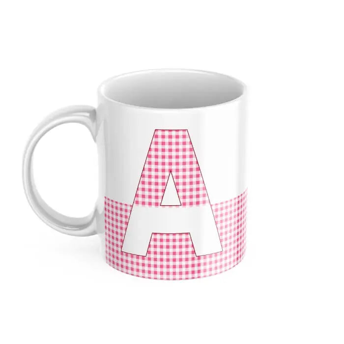 Taza inicial vichy rosa con nombre, foto o dedicatoria