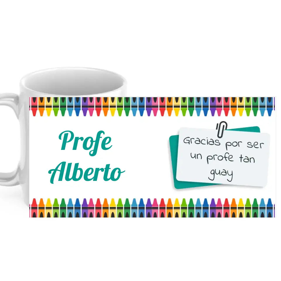 Taza profesor/a colores con nombre y dedicatoria