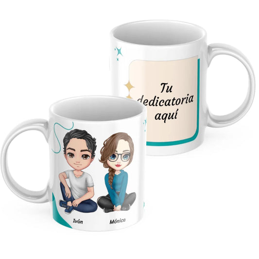 Taza amig@s sentados (varias opciones) con dedicatoria personalizada