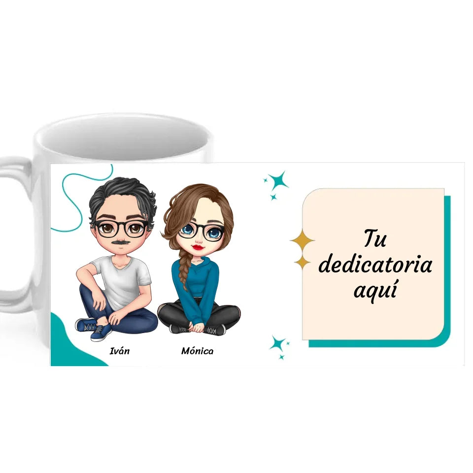 Taza amig@s sentados (varias opciones) con dedicatoria personalizada