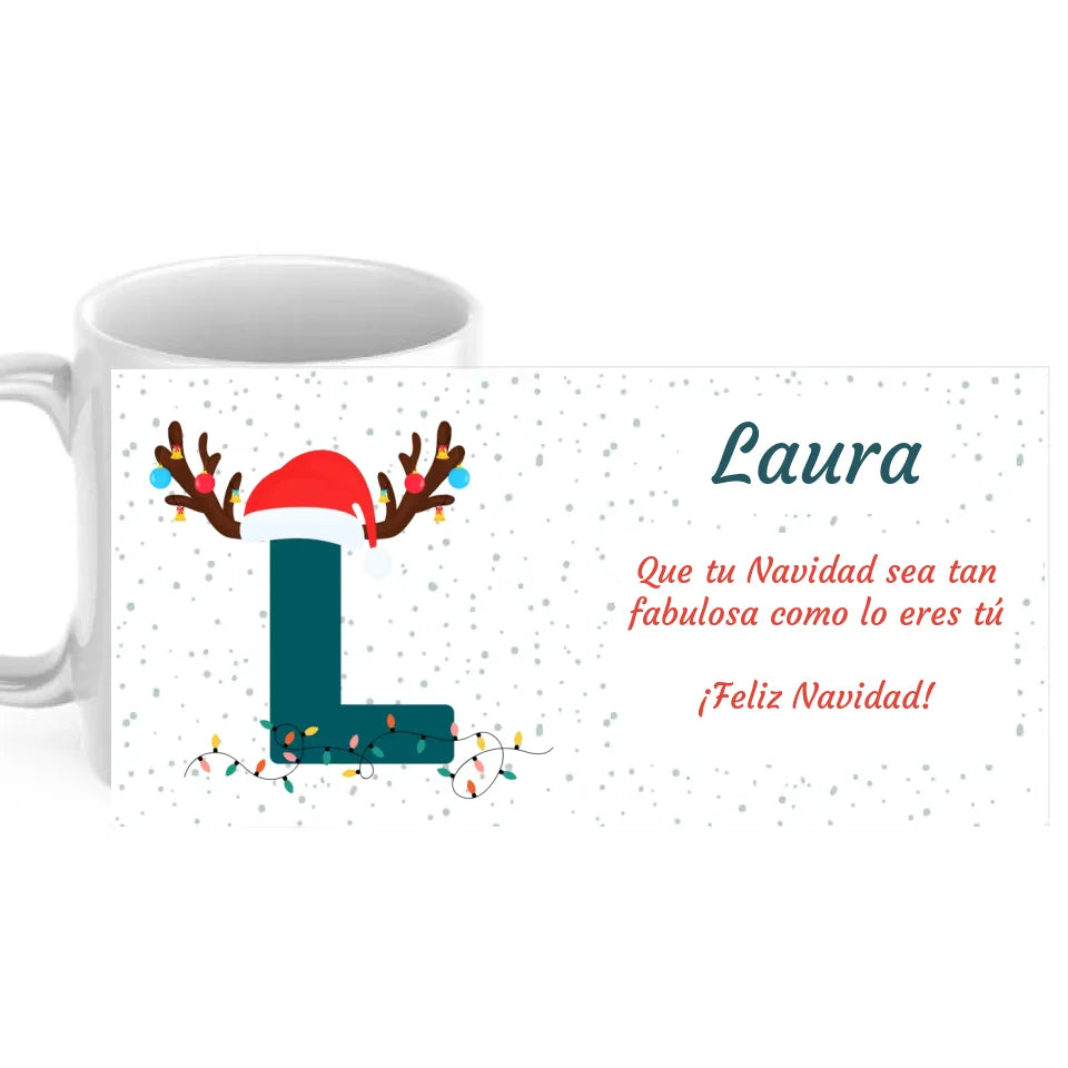 Taza inicial navideña con nombre y dedicatoria