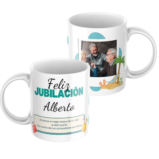 Taza jubilación playa con nombre, dedicatoria y foto