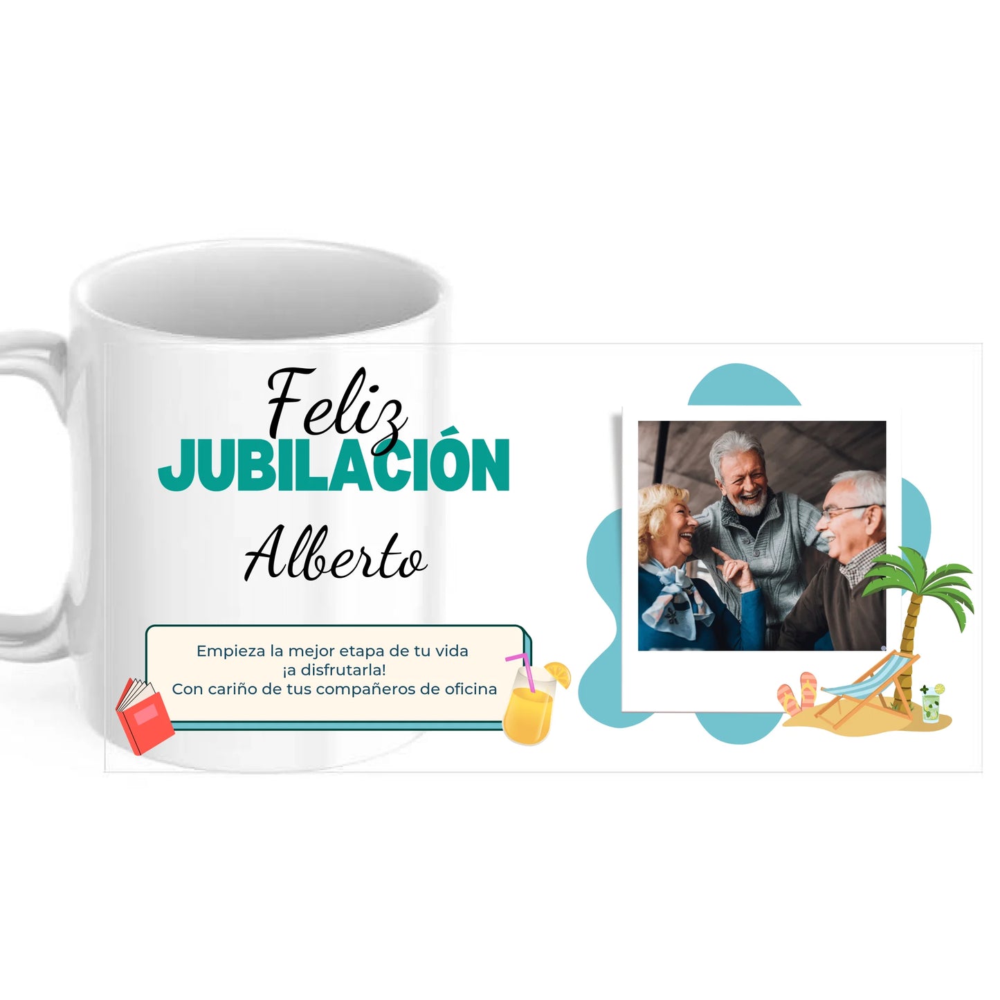 Taza jubilación playa con nombre, dedicatoria y foto