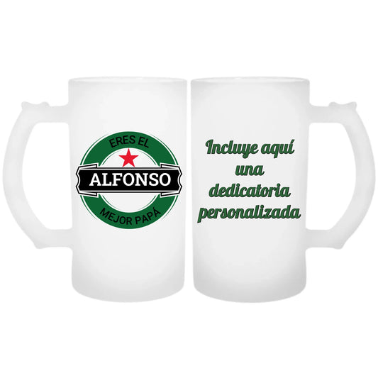 Jarra de cerveza logo personalizada con dedicatoria