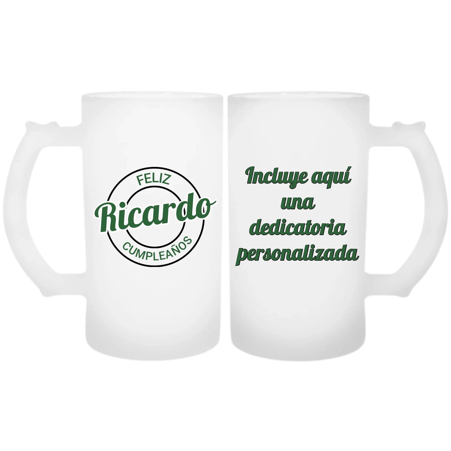 Jarra de cerveza cumpleaños logo verde personalizada con dedicatoria