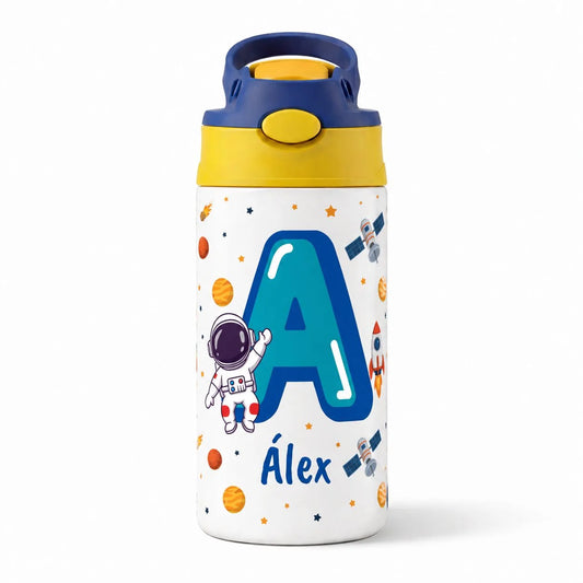 Botella infantil inicial azul astronauta y planetas