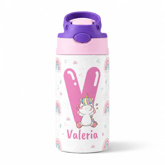 Botella infantil inicial rosa unicornio y arcoiris