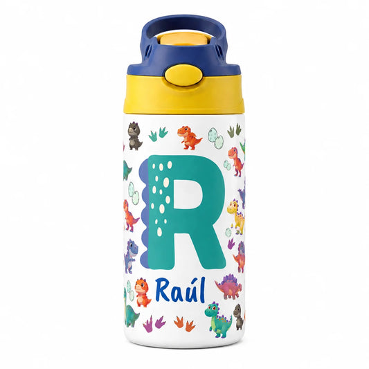 Botella infantil inicial azul dinosaurios