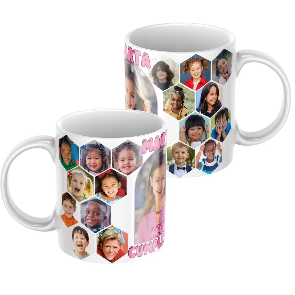 Taza cumpleaños rosa con fotos de amigos