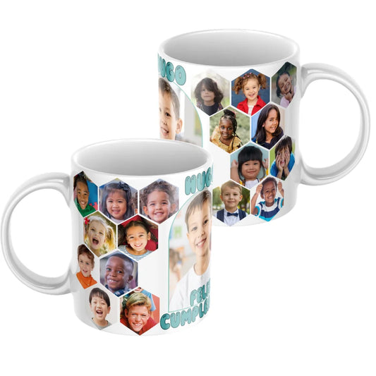 Taza cumpleaños verde con fotos de amigos