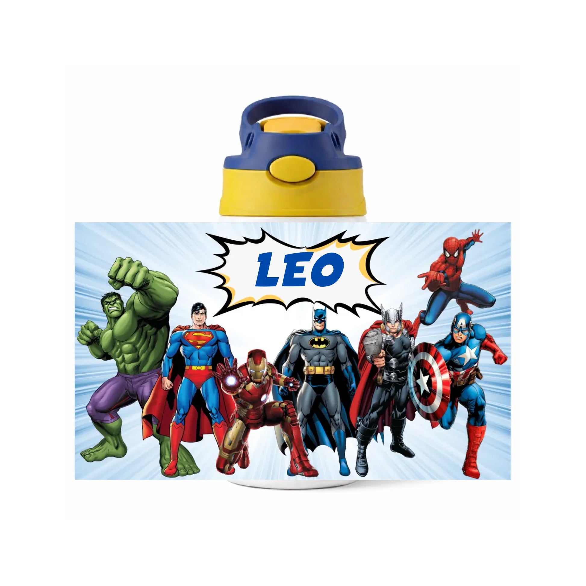Botella de agua infantil con diseño de superhéroes y nombre personalizado