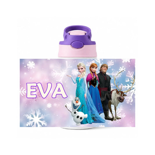 Botella infantil personalizada de Frozen con nombre editable e ilustración de Anna y Elsa
