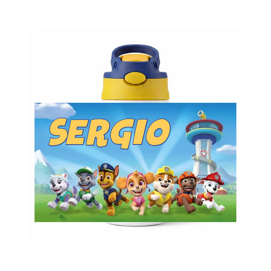 Botella infantil personalizada de la Patrulla Canina con tapón azul y nombre editable