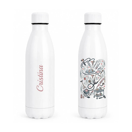 Botella térmica personalizada de acero inoxidable con diseño sanitario para médicas y enfermeras con nombre