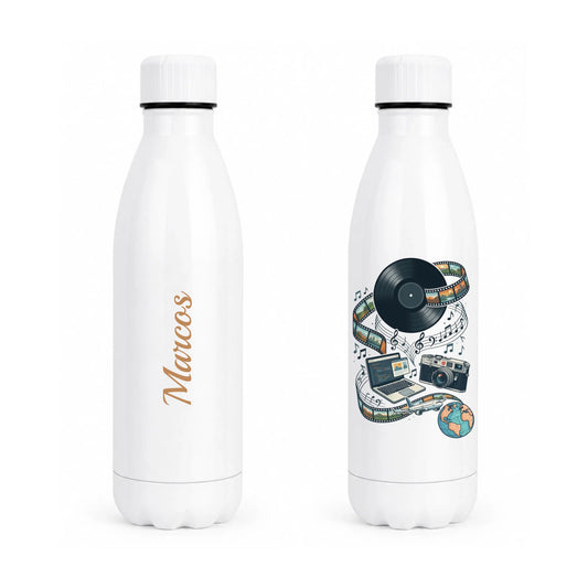 Botella térmica personalizada de temática musical con notas e instrumentos y nombre grabado