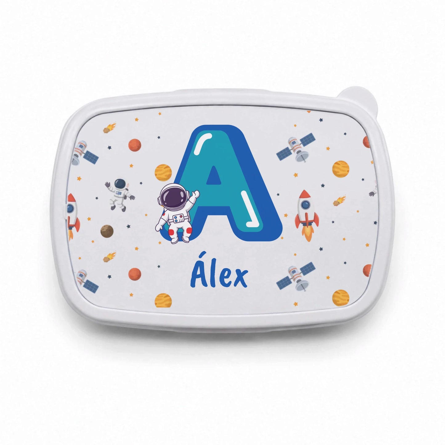 Fiambrera infantil personalizada astronauta y planetas con inicial y nombre