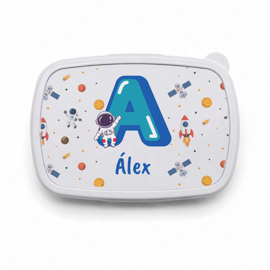 Fiambrera infantil personalizada astronauta y planetas con inicial y nombre