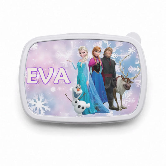 Fiambrera infantil personalizada de Frozen con nombre editable y diseño de Elsa y Anna