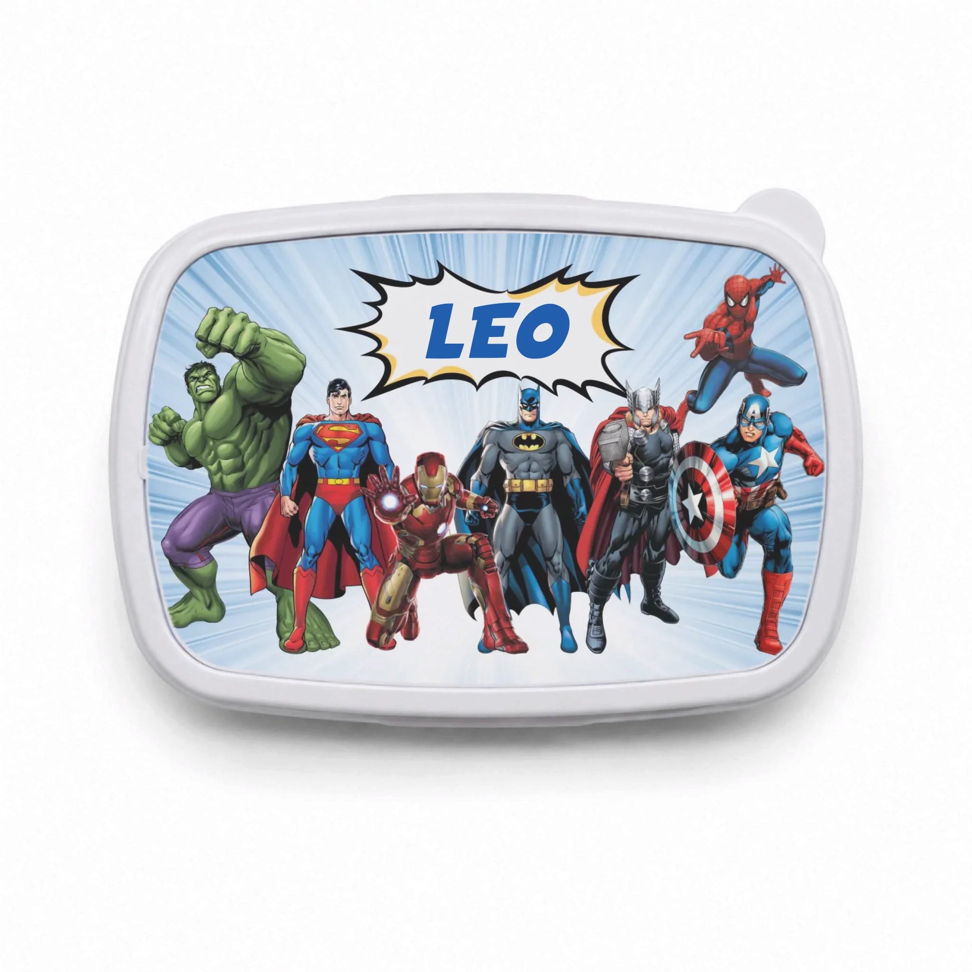 Fiambrera infantil personalizada de superhéroes de color azul con nombre