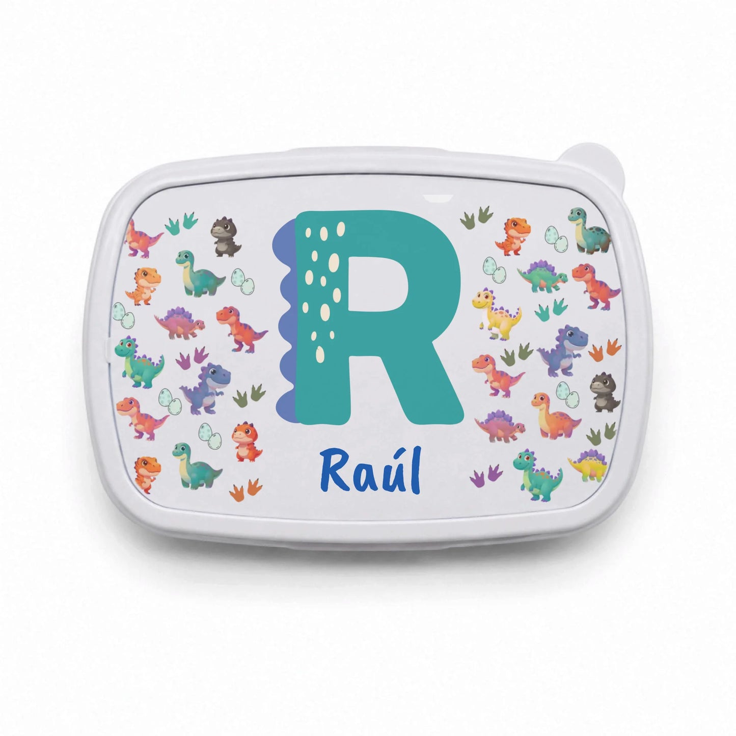 Fiambrera infantil personalizada dinosaurios con inicial y nombre