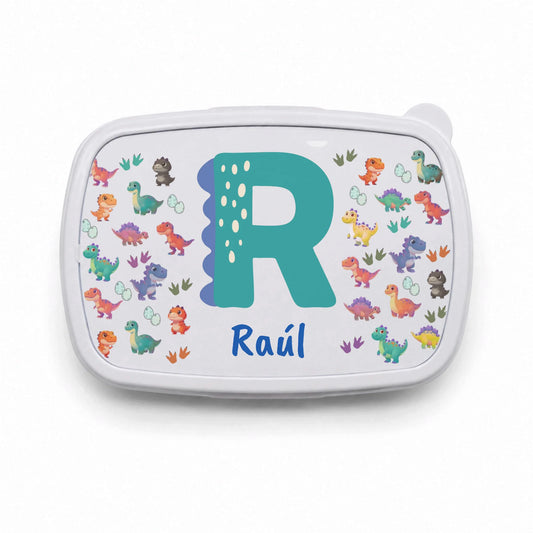 Fiambrera infantil personalizada dinosaurios con inicial y nombre