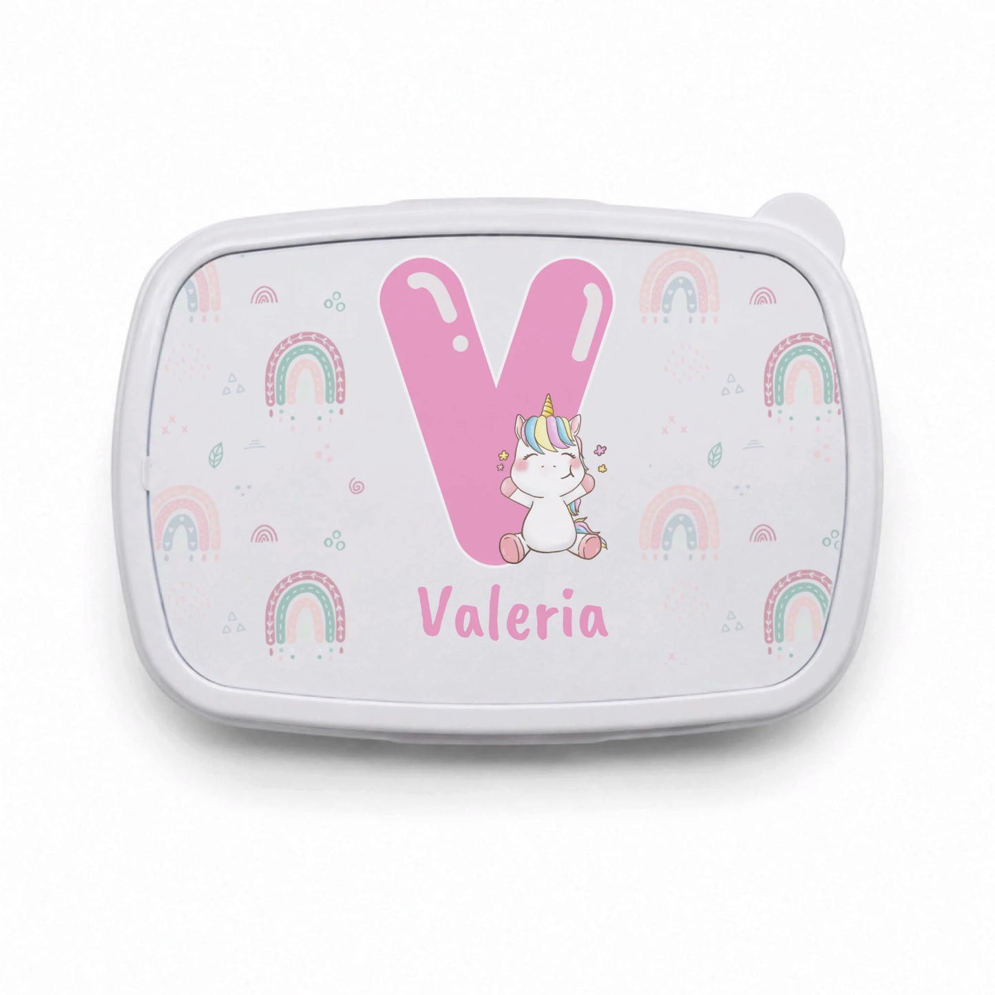 Fiambrera infantil personalizada unicornio y arcoiris con inicial y nombre