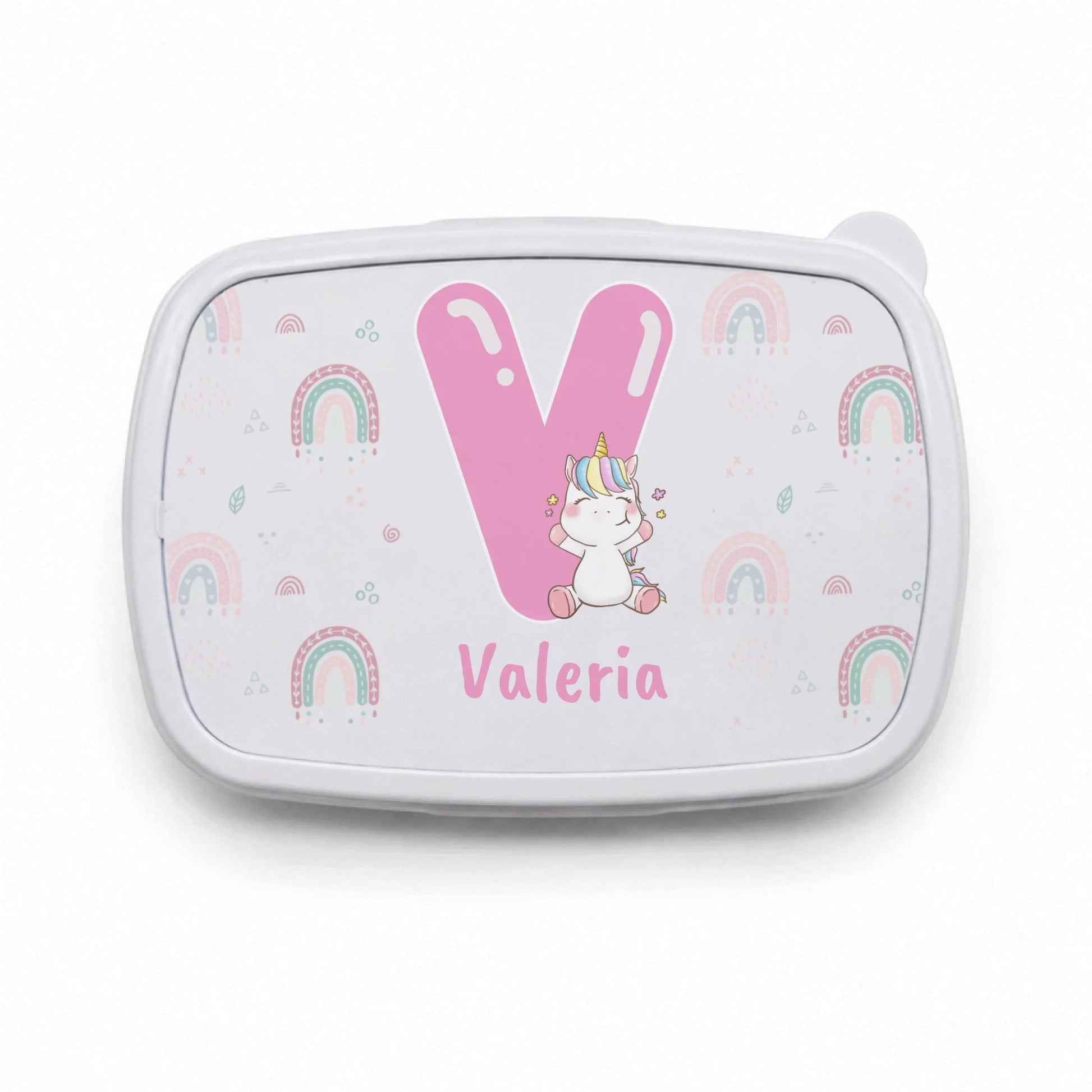Fiambrera infantil personalizada unicornio y arcoiris con inicial y nombre