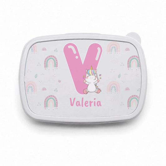 Fiambrera infantil personalizada unicornio y arcoiris con inicial y nombre
