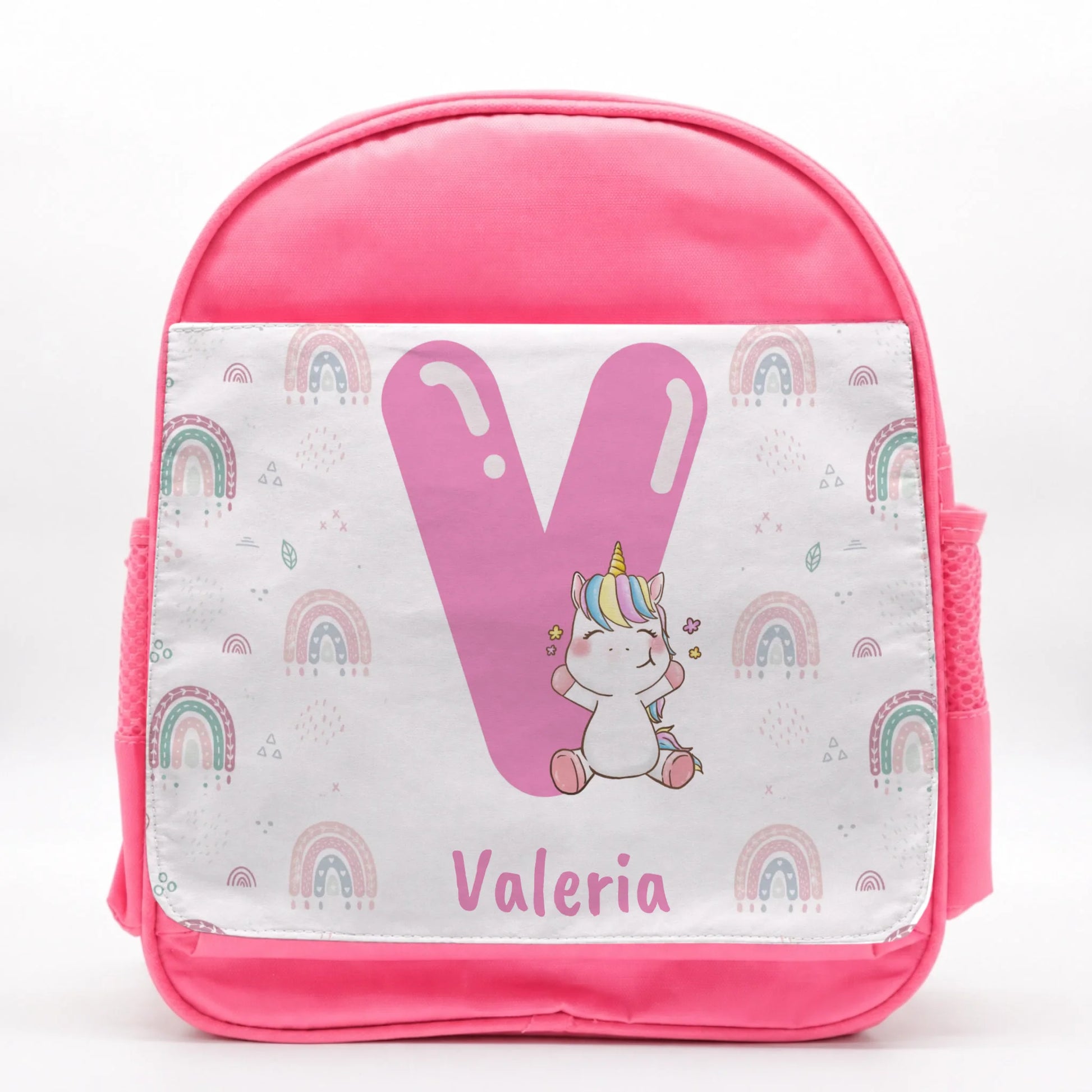 Mochila Infantil Personalizada rosa de Unicornio y Arcoiris con Inicial y Nombre