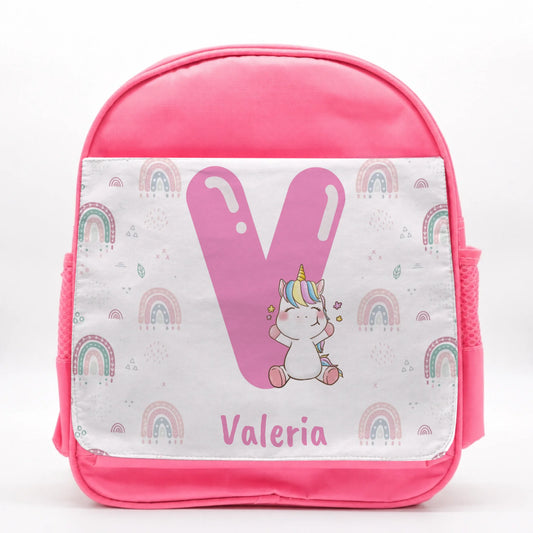 Mochila Infantil Personalizada rosa de Unicornio y Arcoiris con Inicial y Nombre